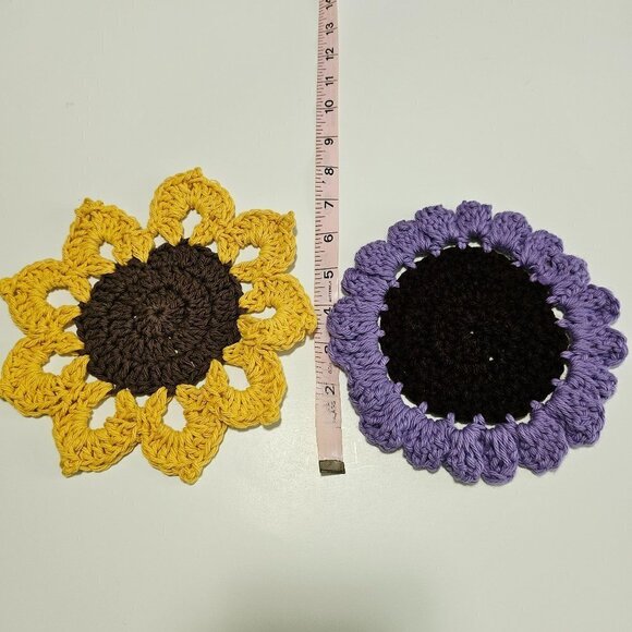 Two Floral Crochet Coasters Sunflower Coaster - Picture 1 of 6